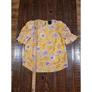 Alex Marie Yellow Floral Blouse Puffy Sleeves Size M Women's Lightweight Summer